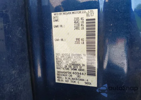 2017 Nissan Maxima 3.5 Sv z USA, uszkodzony, nr VIN 1N4AA6AP3HC409447